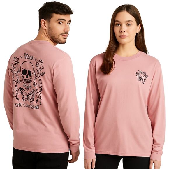 Vans Unisex Long Sleeve Graphic Tee Pink Butterfly Skull Roses Size Large - Picture 1 of 7